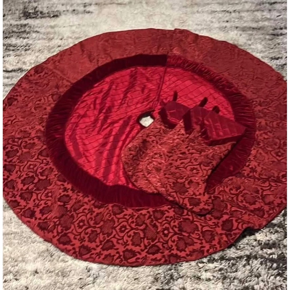 Red Damask Velvet Christmas Tree Skirt 55 Inch and 3 Matching Stockings Set